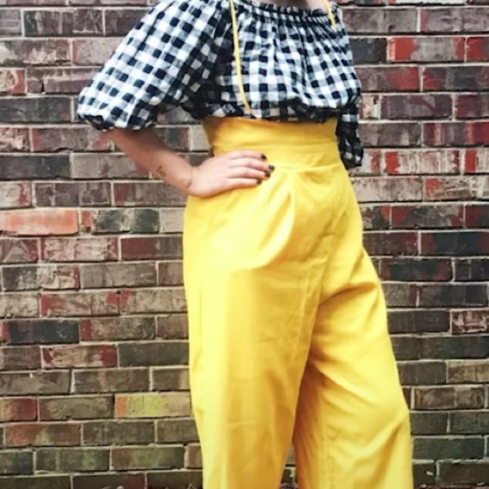 Yellow suspender wide leg pants